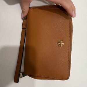 Tory Burch Brown Wristlet with Gold Logo